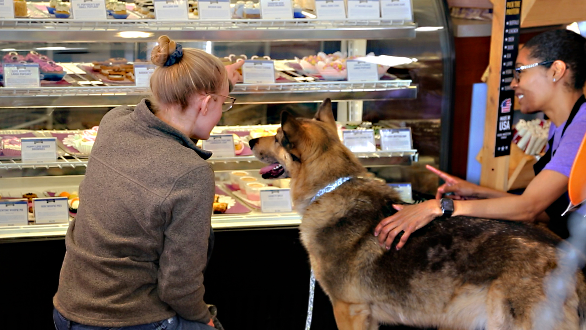 three-dog-bakery-pup-owner-and-employee-checking-out-treats-in-case Three Dog Bakery Experience